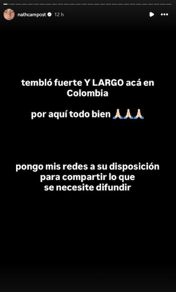 Nath Campos estaba en Colombia al momento del terremoto