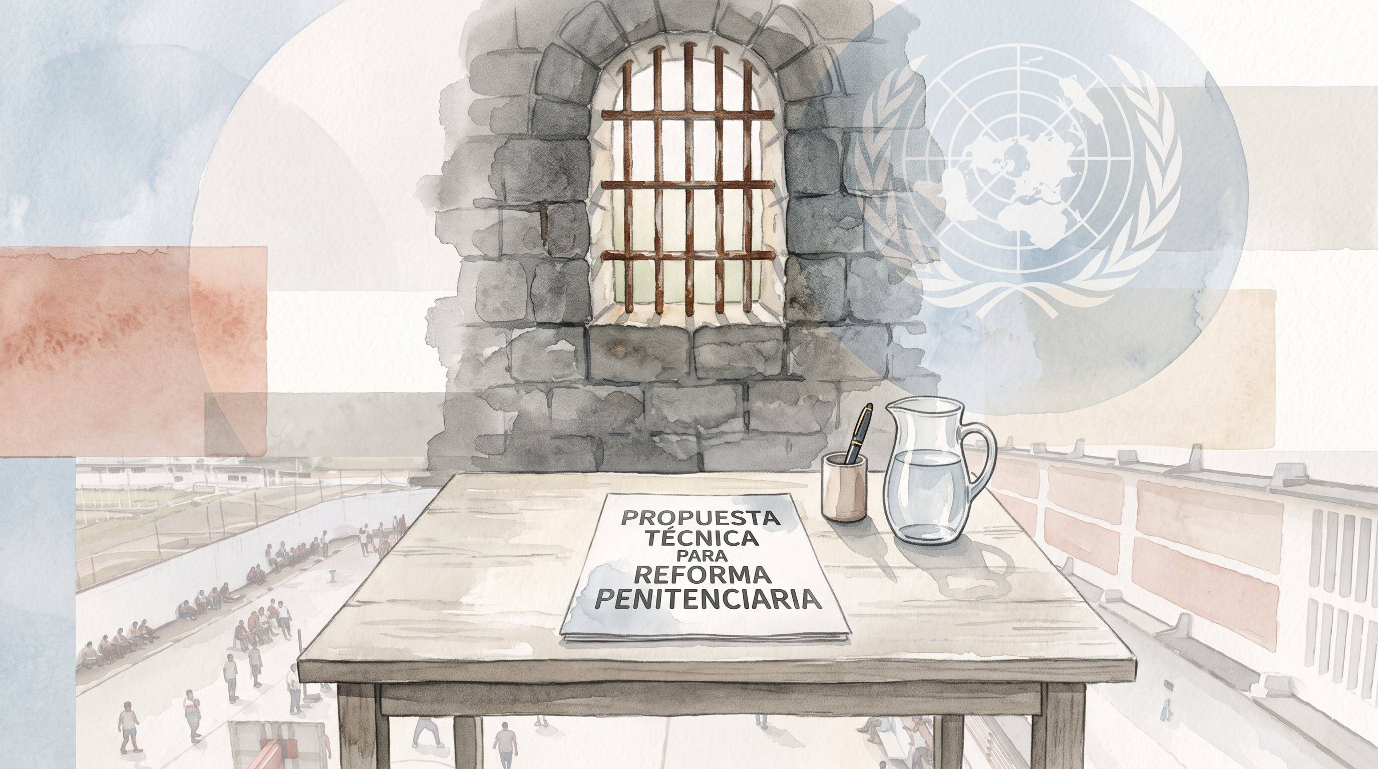 Un documento sobre la propuesta técnica para la reforma penitenciaria reposa en una mesa con el emblema de las Naciones Unidas de fondo. (Imagen Ilustrativa Infobae)