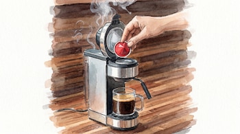 Pintura en acuarela y líneas finas mostrando una mano que introduce una cápsula roja en una cafetera gris con una taza de café humeante debajo, sobre madera.