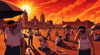 Ilustración del Zócalo de la Ciudad de México con edificios históricos, bajo un sol intenso y cielo rojo. Personas sudan, usan abanicos, sombrillas y están sentadas.