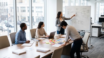 Cuatro profesionales trabajan en una oficina moderna. Una mujer señala un diagrama en una pizarra, mientras sus tres colegas en una mesa revisan laptops y papeles.