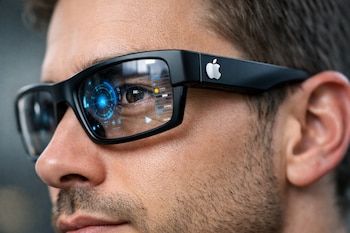 Primer plano de un hombre usando gafas inteligentes negras, con el logo de Apple en la patilla; las lentes reflejan una interfaz holográfica azul.