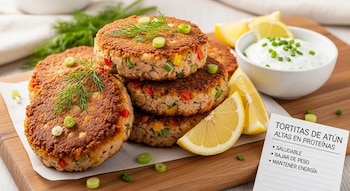 Tortitas de atún con pimientos, cebolletas y eneldo sobre tabla de madera. Rodajas de limón, salsa blanca y una nota de receta visible.