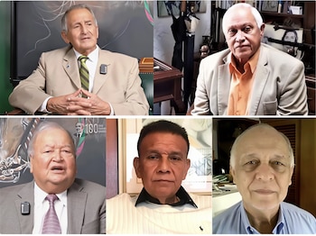 Collage de cinco retratos individuales de hombres de edad avanzada vestidos con sacos y camisas en diferentes oficinas