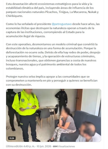 Irene Vélez reveló que entre los capturados figura el exalcalde de Mapiripán Jorge Iván Duque Lenis, señalado de presunta participación en el entramado ilegal - crédito @IreneVelezT/X