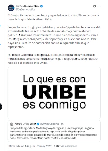 El partido Centro Democrático repudió los actos vandálicos que se presentaron al frente de la residencia familiar del expresidente Álvaro Uribe - crédito @CeDemocratico/X