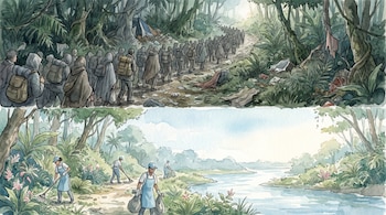 Ilustración en acuarela dividida horizontalmente. Arriba: sendero en la selva con personas caminando y basura. Abajo: el mismo sendero limpio con trabajadores y un río.