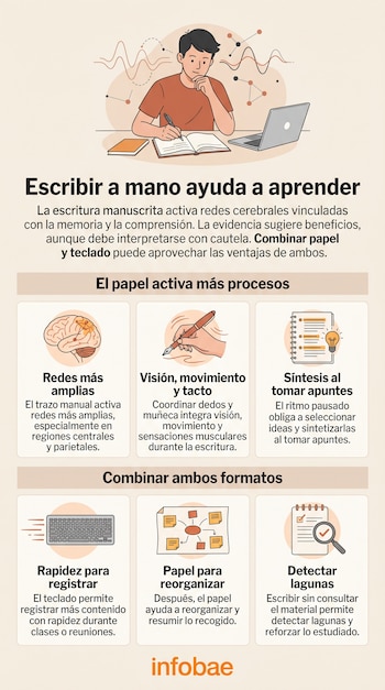 Infografía con una persona que escribe en un cuaderno frente a una computadora portátil, acompañada de diagramas, íconos y textos explicativos.