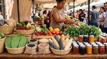 Mesa de mercado con canastas de nopales, mazorcas de maíz de colores, pequeños sacos de granos, verduras y frascos con conservas.