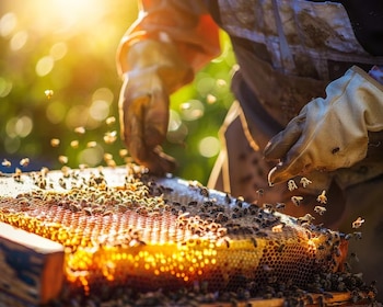 Manos con guantes protectores sostienen un cuadro de panal cubierto de abejas mientras otras vuelan alrededor