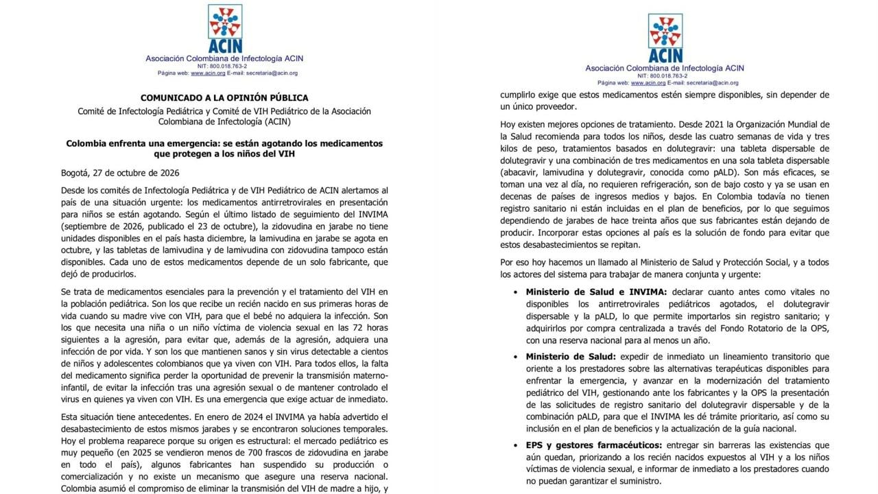 La Asociación Colombiana de Infectología alertó sobre problemas de disponibilidad de medicamentos pediátricos utilizados para prevenir y tratar el VIH en Colombia ( @acinnacional/X)