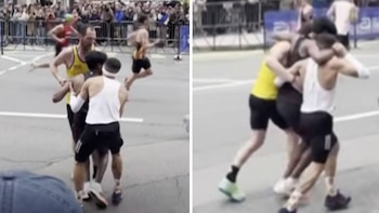 Imagen dividida de una carrera donde varios atletas, vestidos con ropa deportiva, se apoyan físicamente, con espectadores borrosos y barreras en el fondo