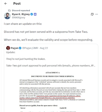 Captura de pantalla de una publicación en redes sociales con texto en inglés sobre una citación judicial de Take-Two a Discord