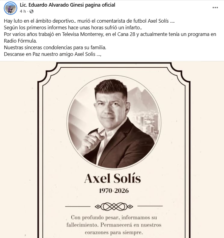 El anuncio del fallecimiento de Axel Solís provocó manifestaciones de apoyo y reconocimiento en redes sociales por parte de la comunidad deportiva. (Facebook/ Lic. Eduardo Alvarado Ginesi pagina oficial)