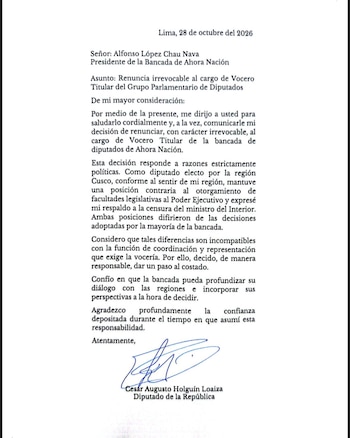 Documento impreso con párrafos de texto formal, fecha en el encabezado y una firma con tinta azul sobre un nombre mecanografiado al pie