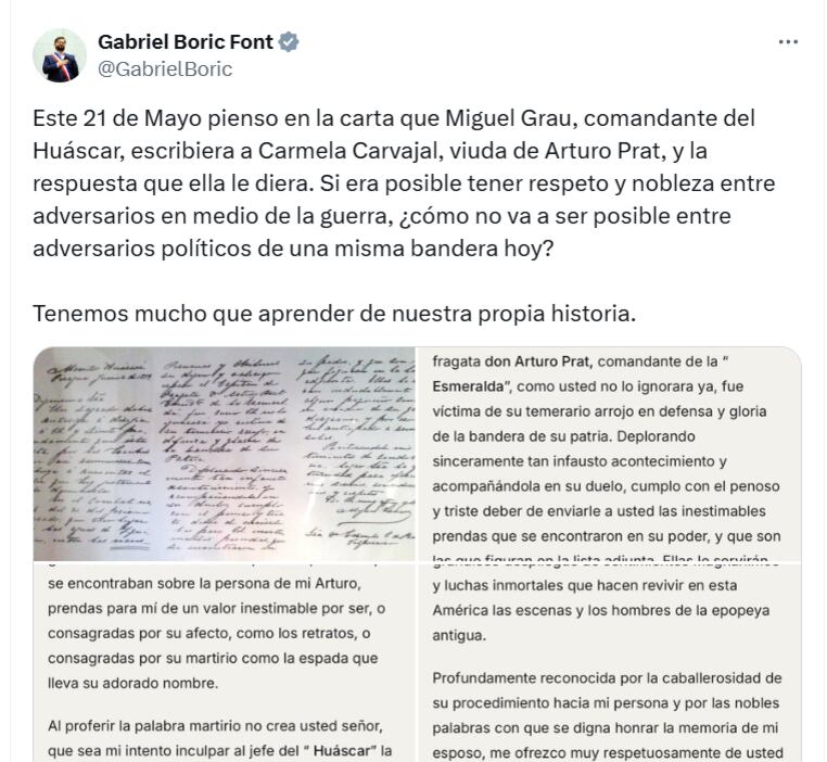 El mandatario instó a los chilenos a aprender de estos valores históricos y aplicarlos en la política actual