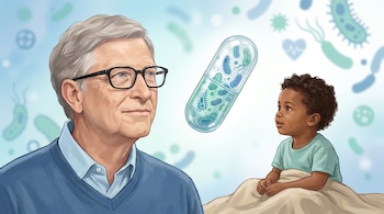Ilustración digital de Bill Gates, una cápsula biomédica flotante con microbios, y un niño pequeño que mira la píldora con esperanza.