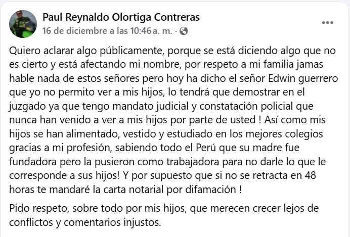 Mensaje del viudo de Edita Guerrero de Corazón Serrano. FB
