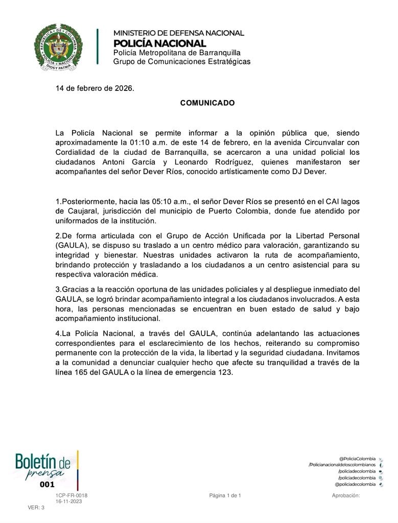 La Policía Nacional informó detalles del hallazgo de DJ Dever y las acciones desplegadas en Barranquilla y Puerto Colombia - crédito red social X