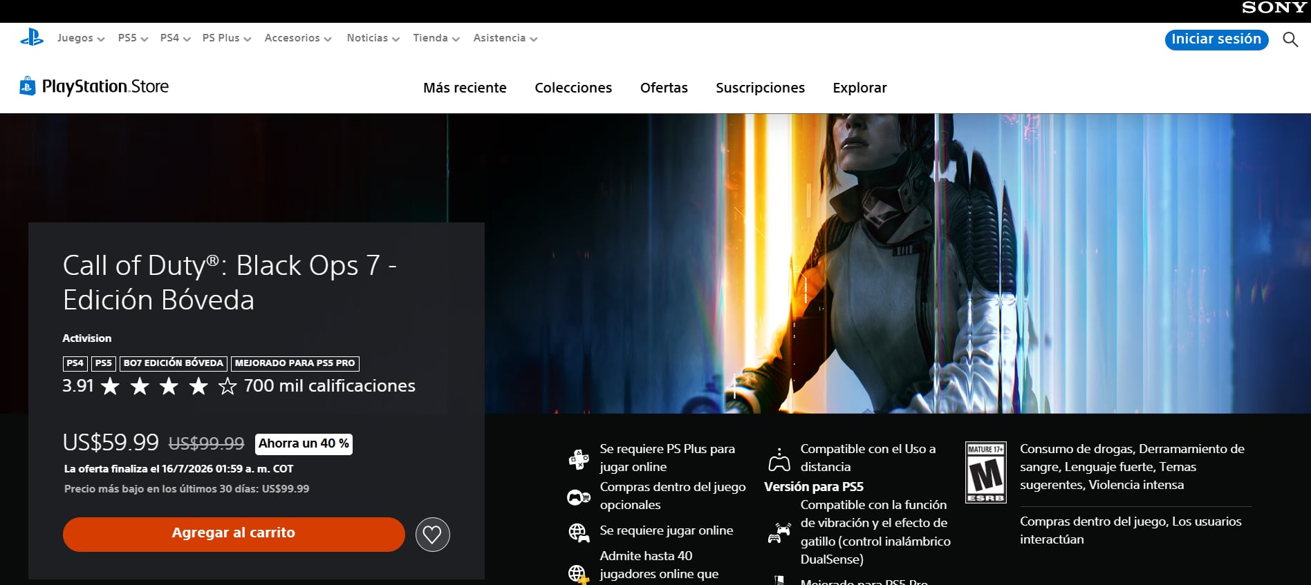 La página de PlayStation Store ofrece el videojuego Call of Duty: Black Ops 7 - Edición Bóveda con un descuento del 40% y sus requisitos en diversas plataformas. (PlayStation)