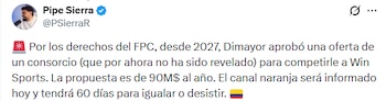 El informe de Felipe Sierra sobre lo ocurrido en la asamblea de Dimayor este lunes 21 de septiembre de 2026 - crédito @PSierraR/x