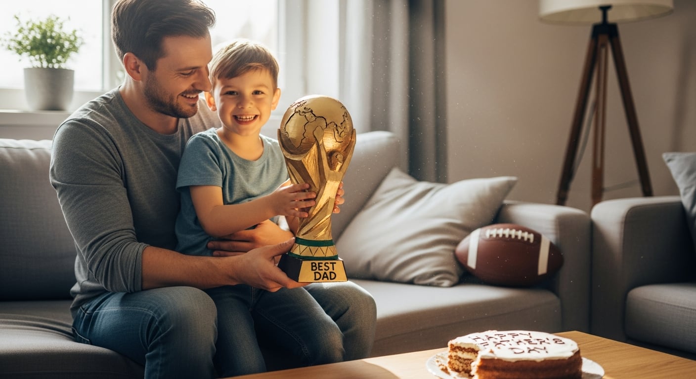 Un padre y su hijo comparten un momento de alegría celebrando el Día del Padre con un trofeo que simboliza el triunfo y el amor familiar. (Imagen Ilustrativa Infobae)