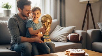 Un hombre y un niño sonrientes sentados en un sofá, el niño sostiene un trofeo dorado. Un pastel y un balón de fútbol americano son visibles.