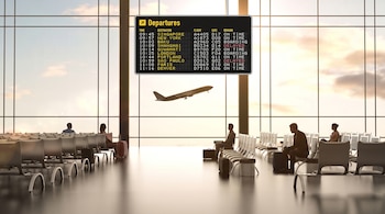 Sala de aeropuerto con asientos, pasajeros sentados, una pantalla de salidas colgante y un avión en vuelo visible tras el ventanal.