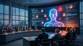 Vista de una gran sala de conferencias con ejecutivos sentados frente a una pantalla curva que muestra código, candados abiertos, alertas triangulares y una figura abstracta de IA.