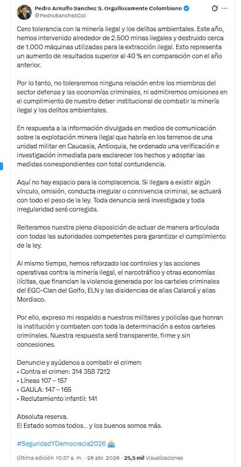 O Ministério da Defesa garantiu que as operações contra a economia ilegal se intensificaram - crédito @PedroSanchezCol/X