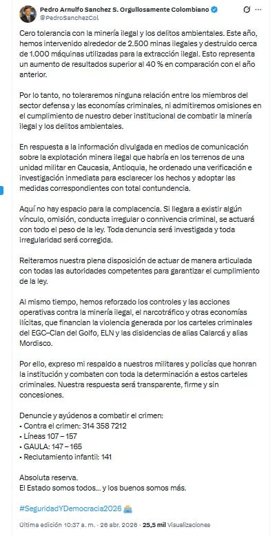 El Ministerio de Defensa aseguró que se han intensificado las acciones contra economías ilegales - crédito @PedroSanchezCol/X
