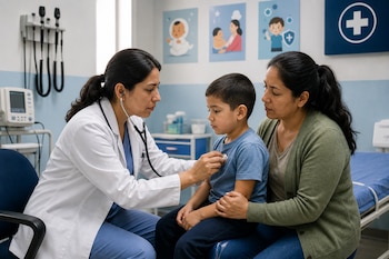 Una médica con bata blanca y estetoscopio examina el pecho de un niño sentado junto a una mujer en un consultorio.