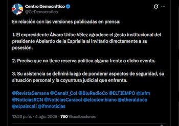 El Centro Democrático informó que la asistencia de Álvaro Uribe Vélez a la posesión de Abelardo de la Espriella en Cali aún no está confirmada - crédito X