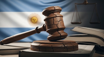 Mazo de juez de madera agrietado sobre una base también agrietada, con libros abiertos, una bandera de Argentina y una balanza de la justicia al fondo.