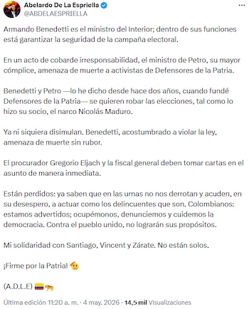 Abelardo de la Espriella arremetió en X en contra del ministro del Interior Armando Benedetti - crédito @ABDELAESPRIELLA/X