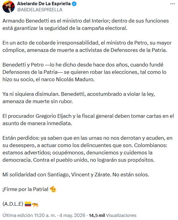 Abelardo de la Espriella arremetió en X en contra del ministro del Interior Armando Benedetti - crédito @ABDELAESPRIELLA/X