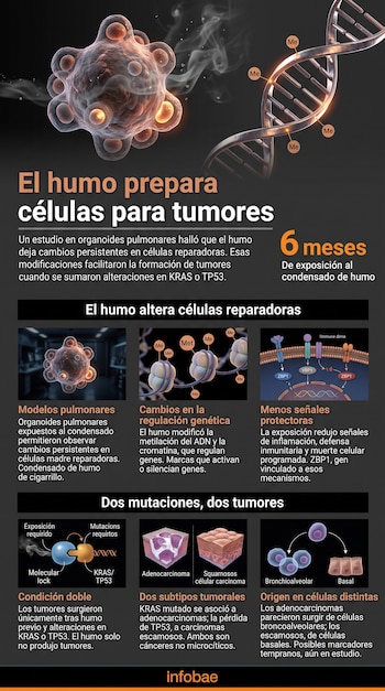 Infografía sobre el efecto del humo en células pulmonares, con esquemas moleculares, textos explicativos e ilustraciones en seis recuadros.