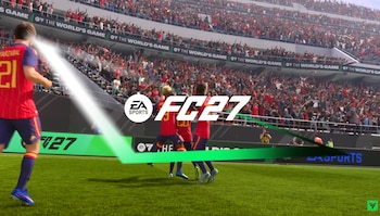 Jugadores de fútbol con uniforme rojo celebran en la cancha frente a un estadio lleno, con el logotipo de EA Sports FC 27 superpuesto