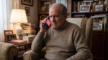 Un hombre mayor en un sillón sostiene un teléfono inteligente cerca de su oreja. La pantalla muestra un texto rojo con un mensaje de alerta.