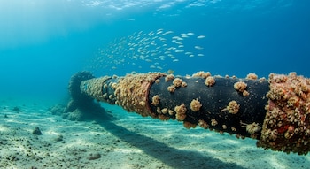 Un cable grueso oscuro yace en el fondo marino arenoso. Está cubierto de organismos marinos. Un cardumen de peces plateados nada sobre el cable en agua azul clara.