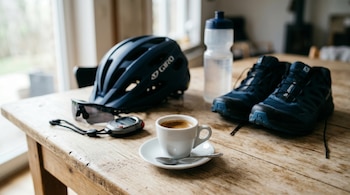 Casco de bicicleta azul, gafas de sol, cronómetro, taza de café con platillo y cuchara, botella de agua, dos zapatillas deportivas en una mesa de madera.