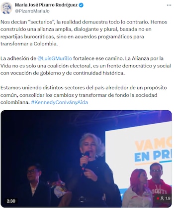 María José Pizarro celebró adhesión de Luis Gilberto Murillo y destacó el carácter plural de la Alianza por la Vida - crédito @PizarroMariaJo/X