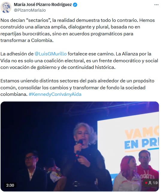 María José Pizarro celebró adhesión de Luis Gilberto Murillo y destacó el carácter plural de la Alianza por la Vida - crédito @PizarroMariaJo/X