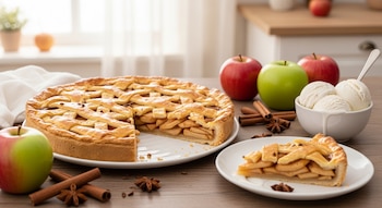 Un pastel de manzana con celosía en una mesa de madera, con una rebanada separada. Hay manzanas, canela, anís estrellado y un tazón de helado de vainilla.