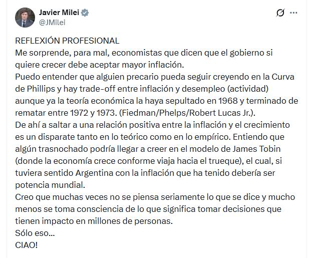 El presidente de Argentina, Javier Milei, compartió en redes sociales una