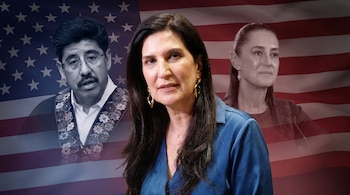 Montaje fotográfico: Xóchitl Gálvez en color al frente; Adán Augusto López y Claudia Sheinbaum en blanco y negro detrás. Fondo: bandera de Estados Unidos.