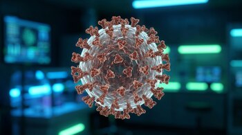Ilustración 3D fotorrealista de una partícula de Hantavirus esférica con superficie de glicoproteína, sobre un fondo oscuro de laboratorio con luces neón azules y verdes.