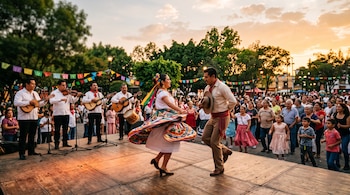 Una pareja vestida con traje típico baila sobre una tarima ante músicos con guitarras y violín en un escenario al aire libre.