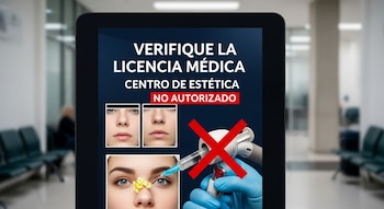 Tablet muestra mensaje "Verifique licencia médica, centro de estética no autorizado". Contiene fotos de rostros, jeringa y aparato estético tachado, en sala de espera.