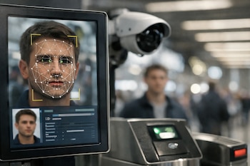 Pantalla con rostro de hombre y cuadrícula de reconocimiento facial, su imagen de identificación, una cámara de seguridad y un control de acceso.